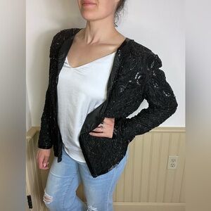 Adrianna Papell Vintage Evening Black Silk Beaded Jacket Sequins Silk Womens L